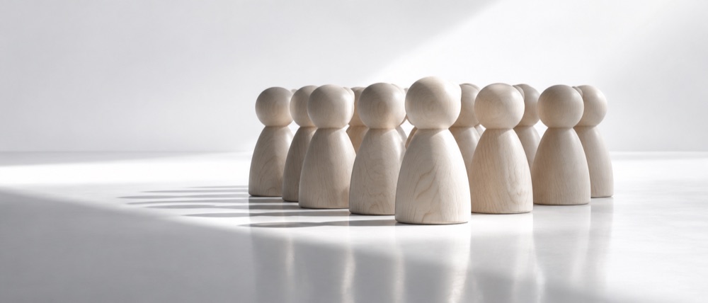 Un grupo de figuras de madera clara de pie, una al frente de las demás.