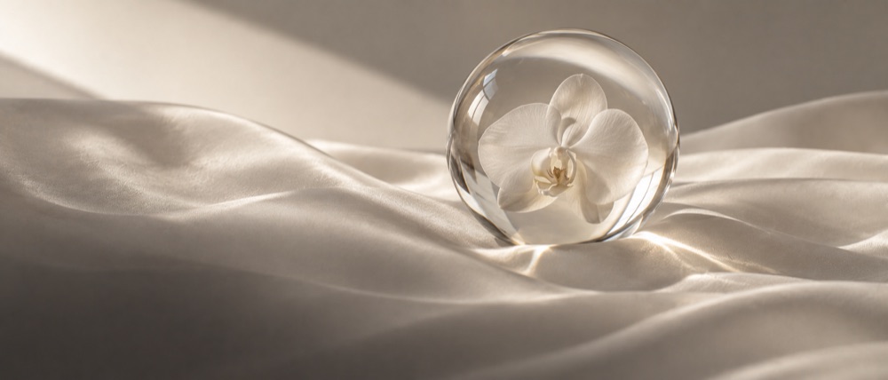 Una orquídea blanca dentro de una esfera de cristal, apoyada sobre seda color hueso.
