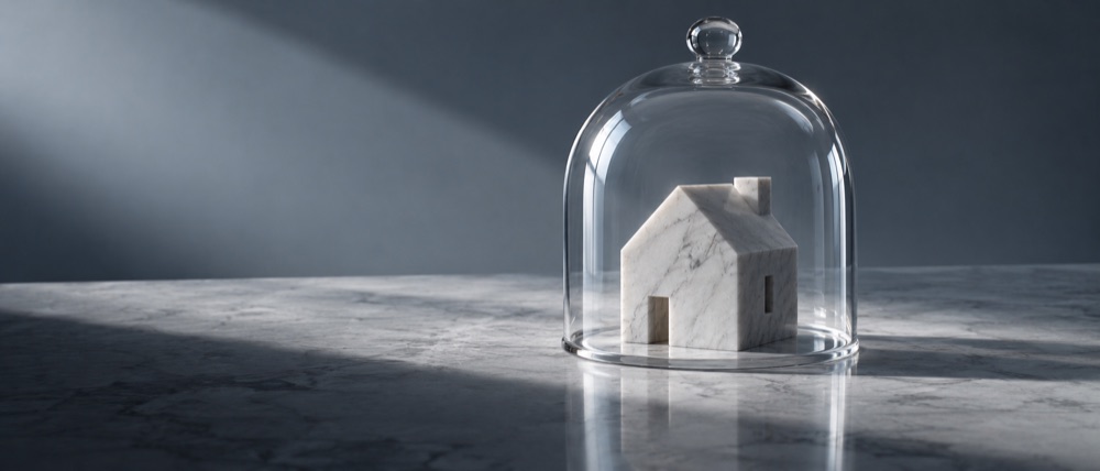 Una casa de mármol blanco protegida bajo una campana de cristal.