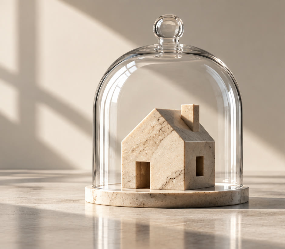 Una casa de mármol bajo una campana de cristal, sobre una base de piedra, con luz de ventana.