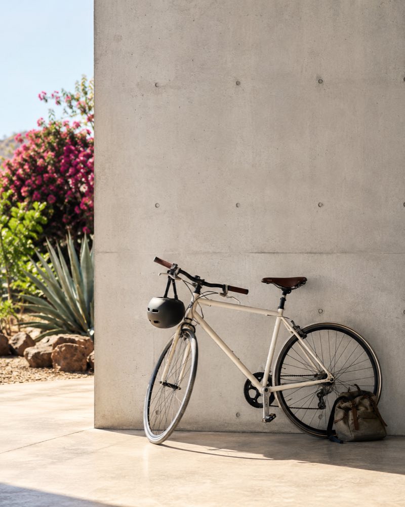 Bicicleta recargada en un muro de concreto, con el casco colgado del manubrio, en el patio de una casa.