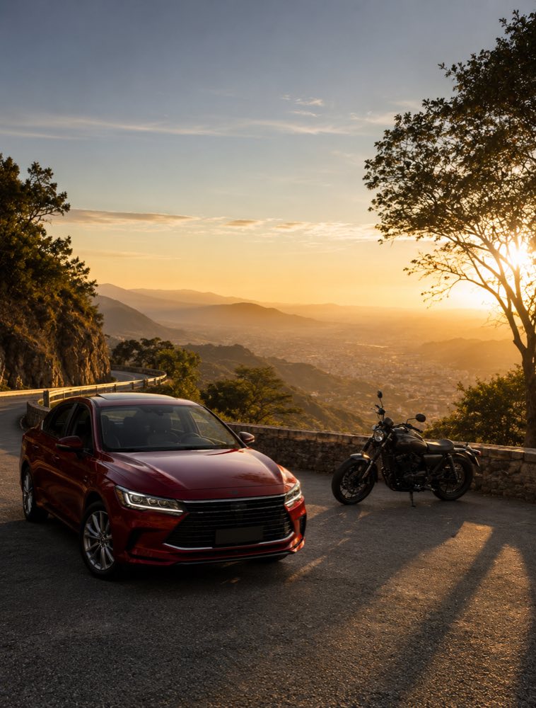 Un auto y una motocicleta estacionados en un mirador de carretera de montaña, con el valle y la ciudad al fondo al atardecer.