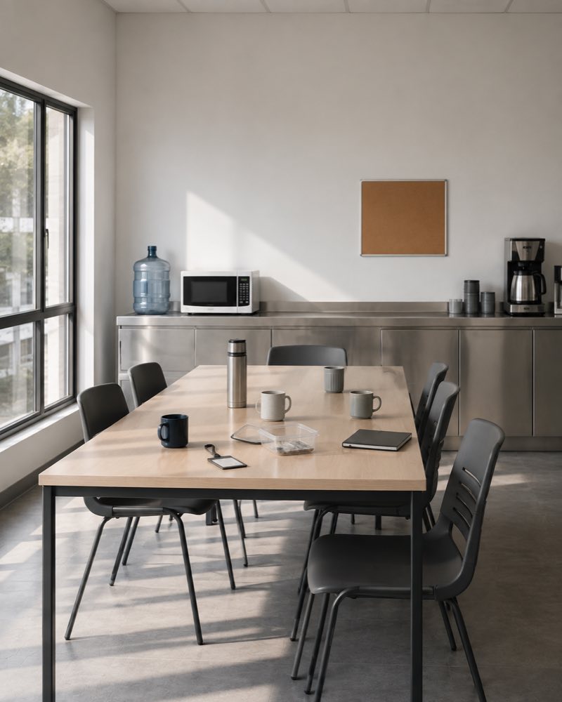 Comedor de personal con una mesa larga, tazas y termos, junto a la barra de la cocina de una oficina.