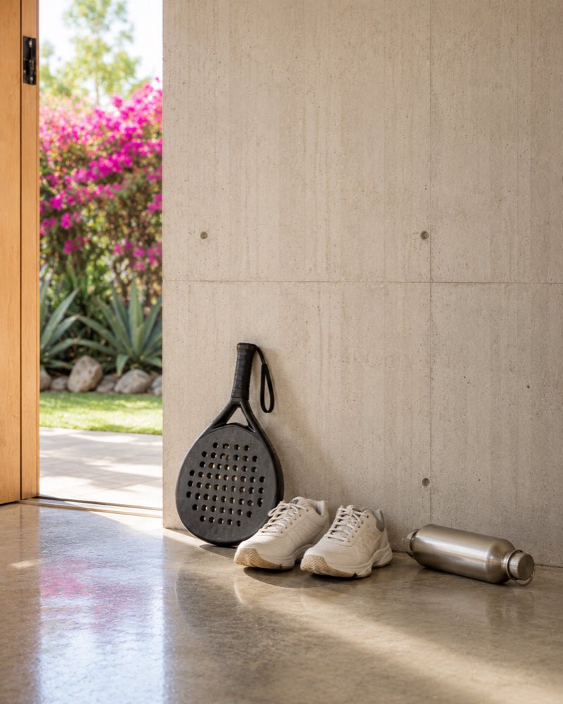 Raqueta de pádel, tenis y un termo recargados junto a la puerta abierta de una casa, con buganvilias en el jardín.