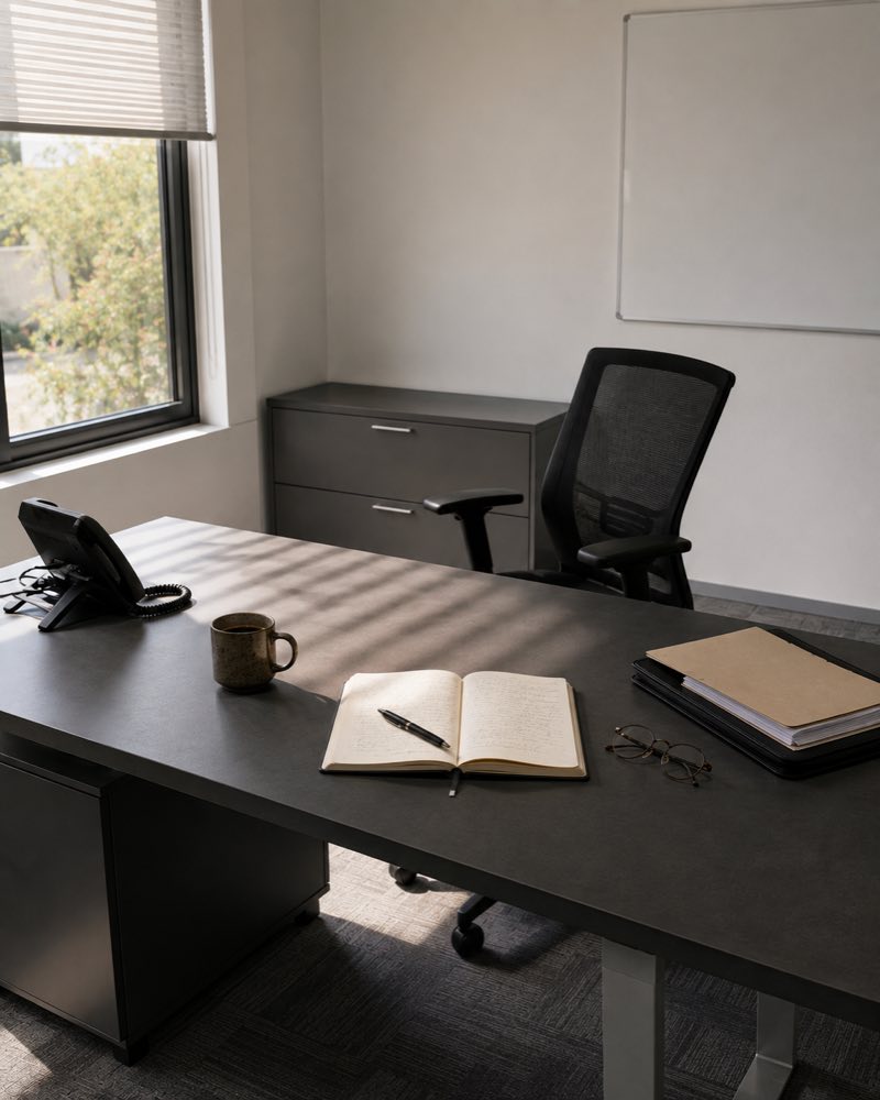 Oficina vacía al final del día, con la silla retirada del escritorio, una libreta abierta y unos lentes sobre la mesa.