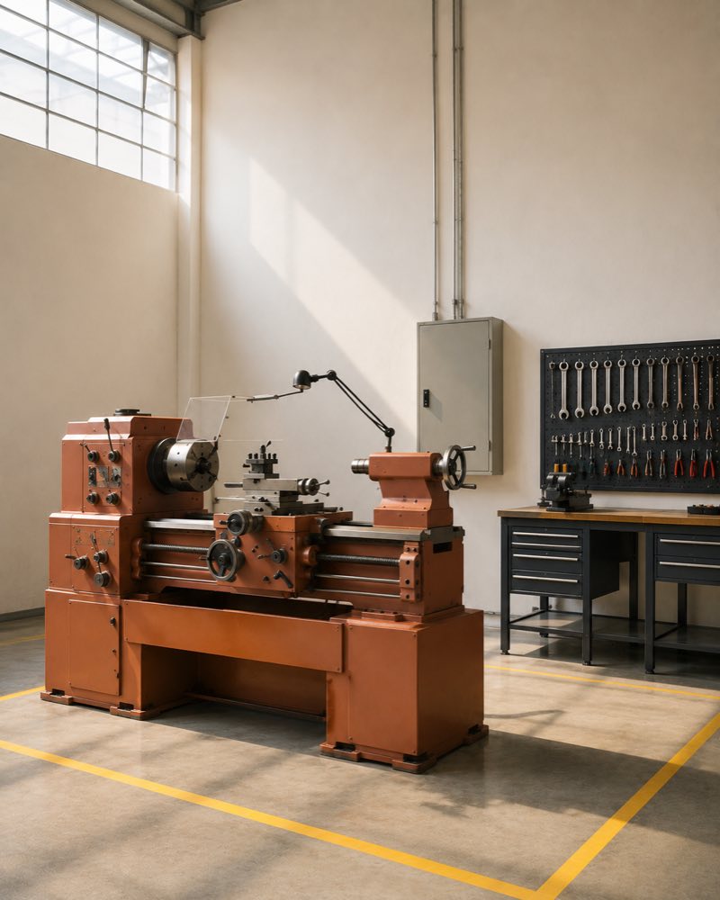 Torno en un taller iluminado por un ventanal alto, con el tablero de herramientas y el banco de trabajo detrás.