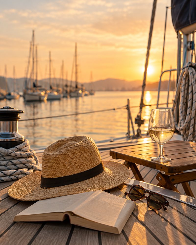 Cubierta de madera de un velero al atardecer, con un sombrero de palma, un libro abierto, unos lentes de sol y una copa de vino blanco sobre la mesa.