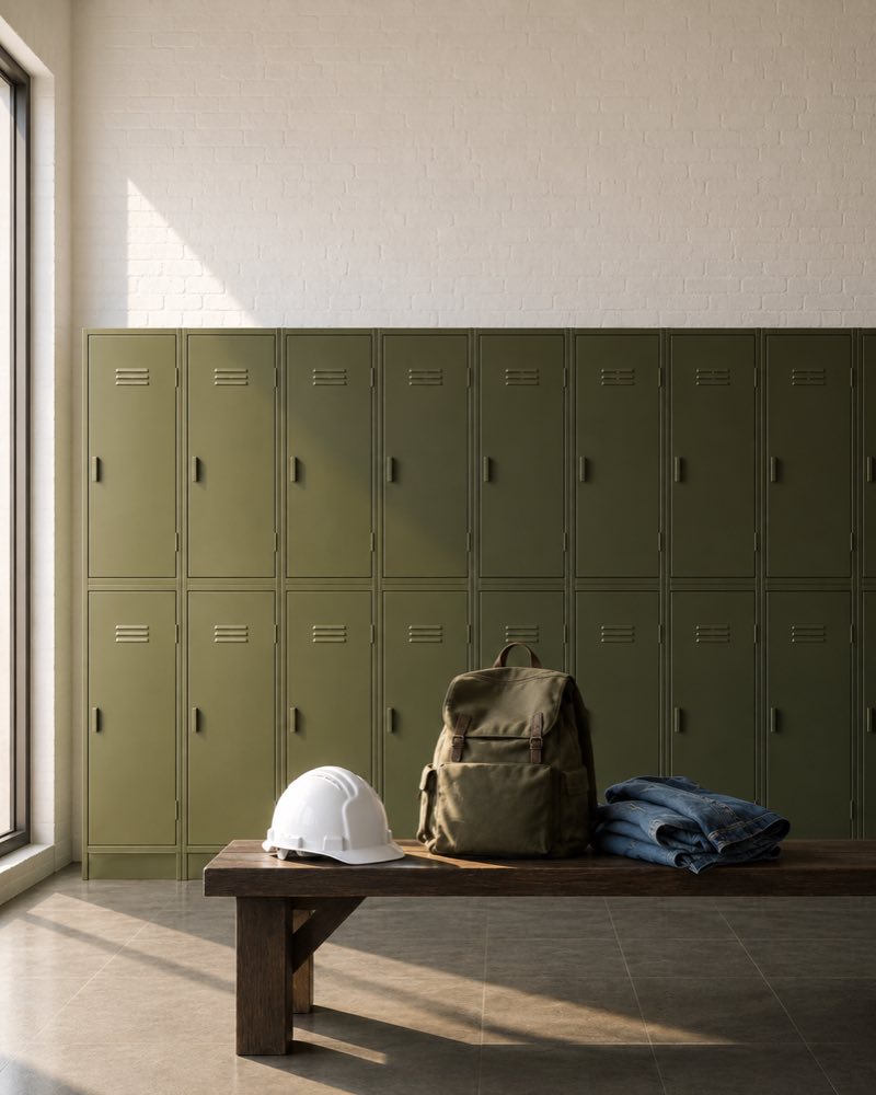 Vestidor de una planta, con casilleros verdes y un banco donde alguien dejó su casco, su mochila y su chamarra.